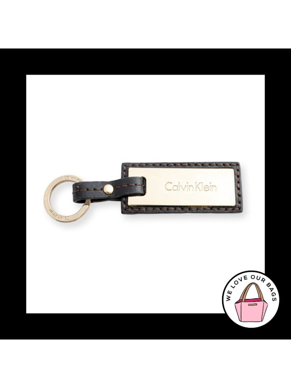 CALVIN KLEIN Keychain Light Gold Metal Brown Leather Bag Charm Hang Tag Fob